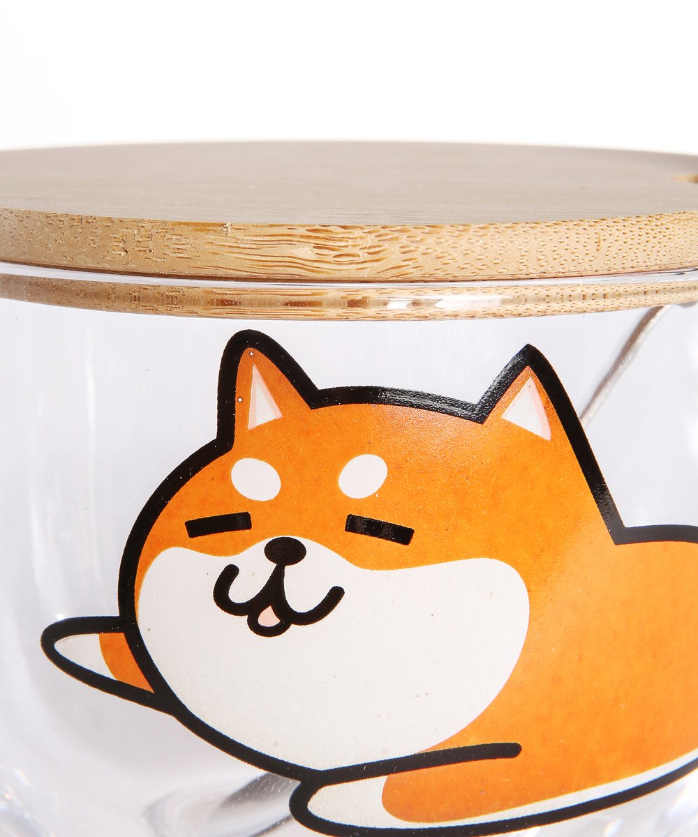 Lovely Shiba Glass Cup with Lid and Spoon