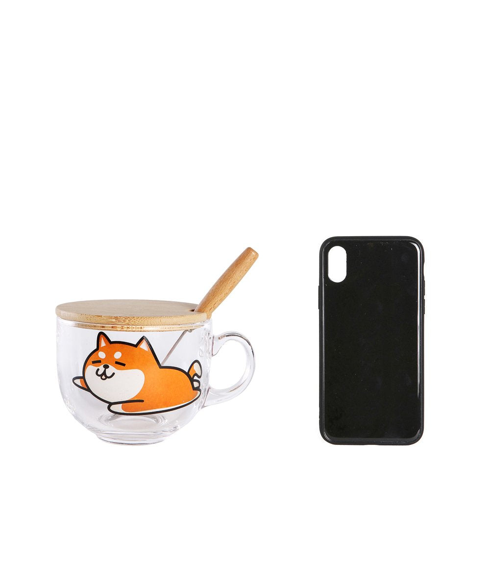 Lovely Shiba Glass Cup with Lid and Spoon