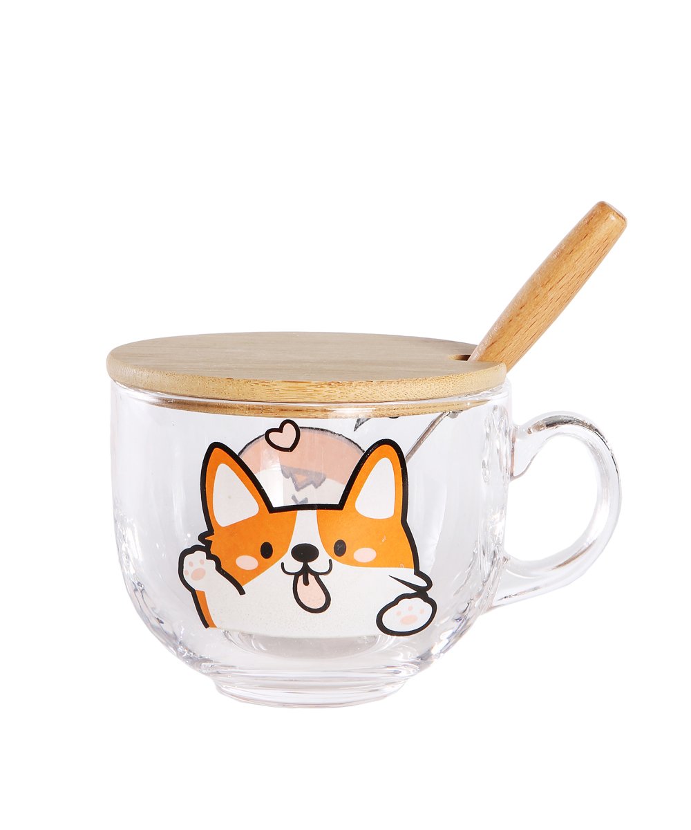 Lovely Corgi Glass Cup with Lid and Spoon