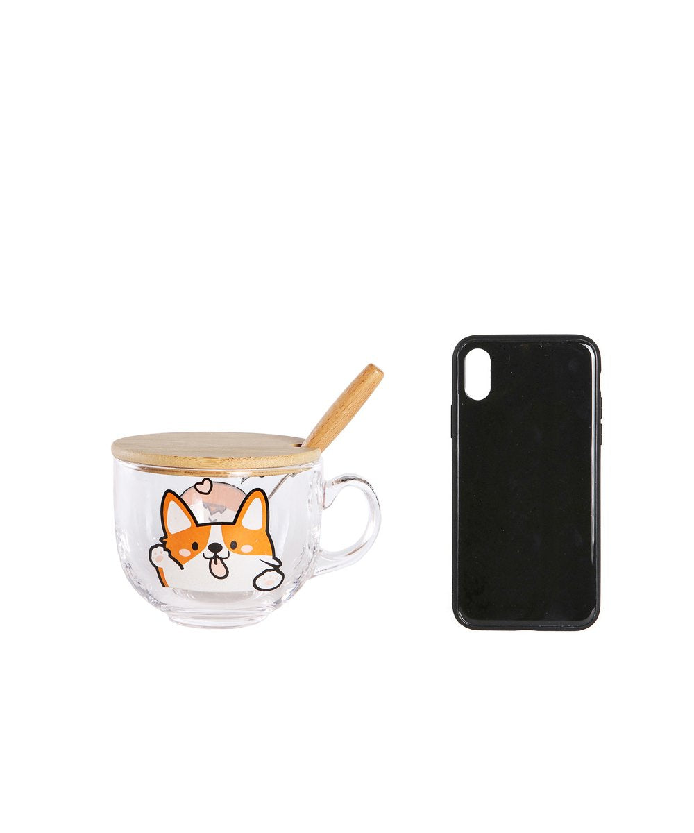 Lovely Corgi Glass Cup with Lid and Spoon