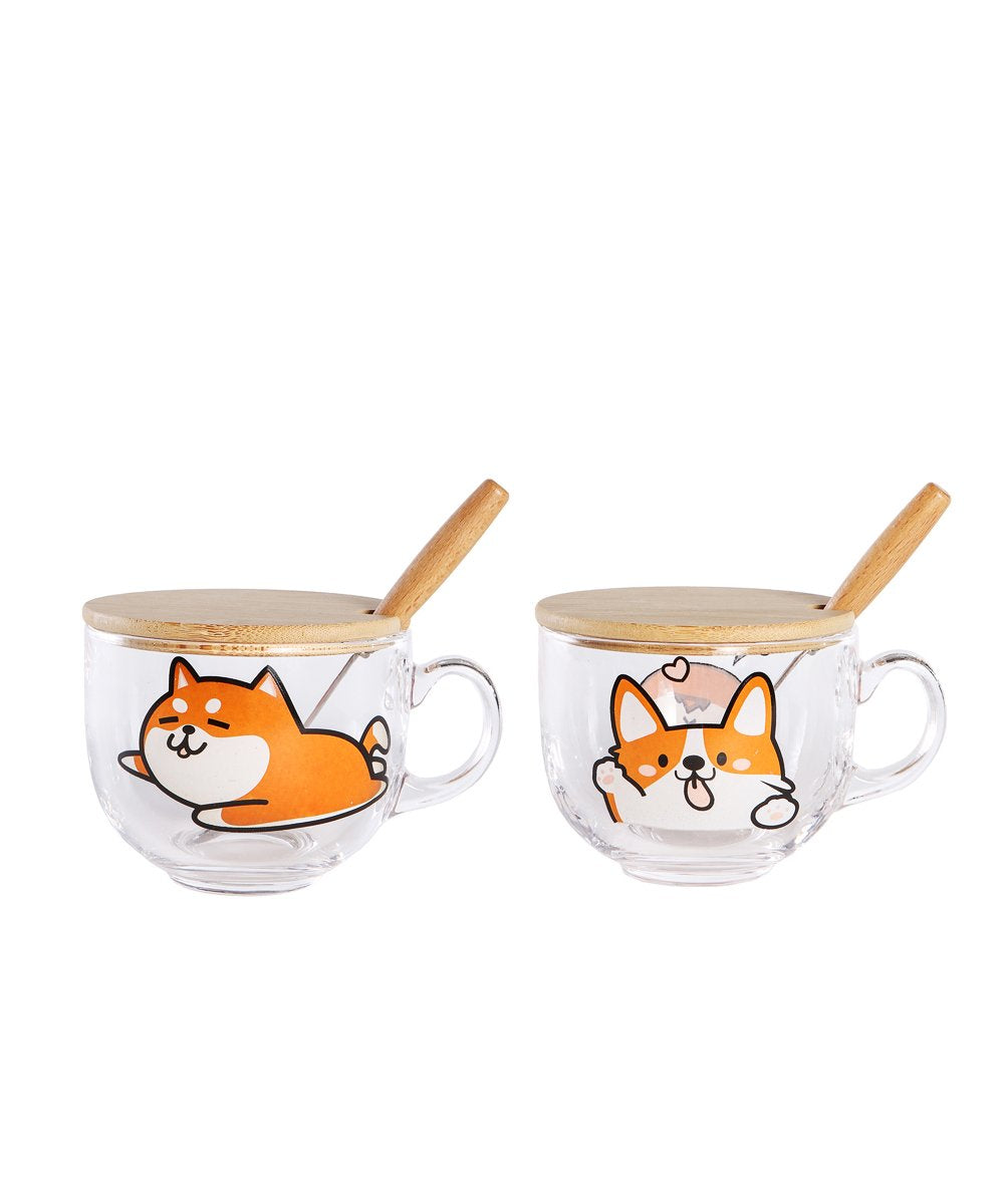 Lovely Corgi Glass Cup with Lid and Spoon