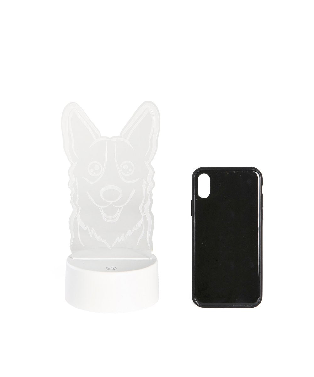 Corgi Acrylic Bed LED Lamp next to cell phone for size comparison