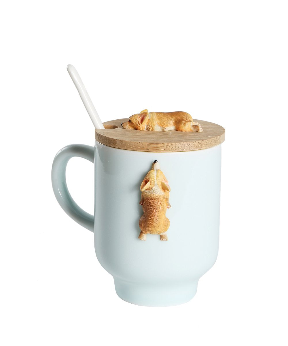 Sleeping Corgi Mug with Wooden Lid and Porcelain Spoon - teal