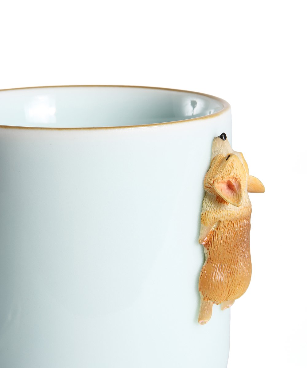 Sleeping Corgi Mug with Wooden Lid and Porcelain Spoon - teal