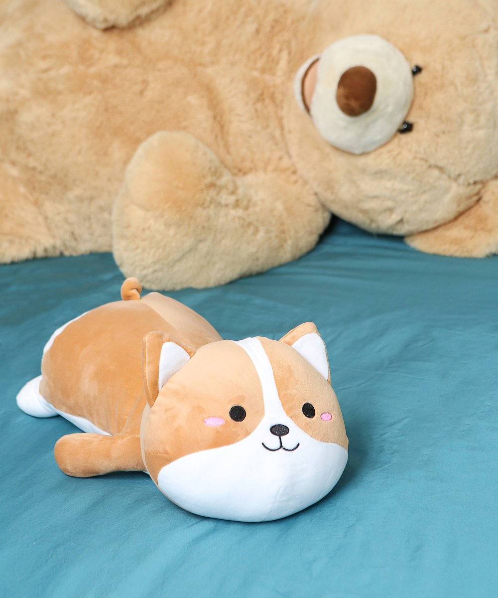 Excited Soft Corgi Plush on bed