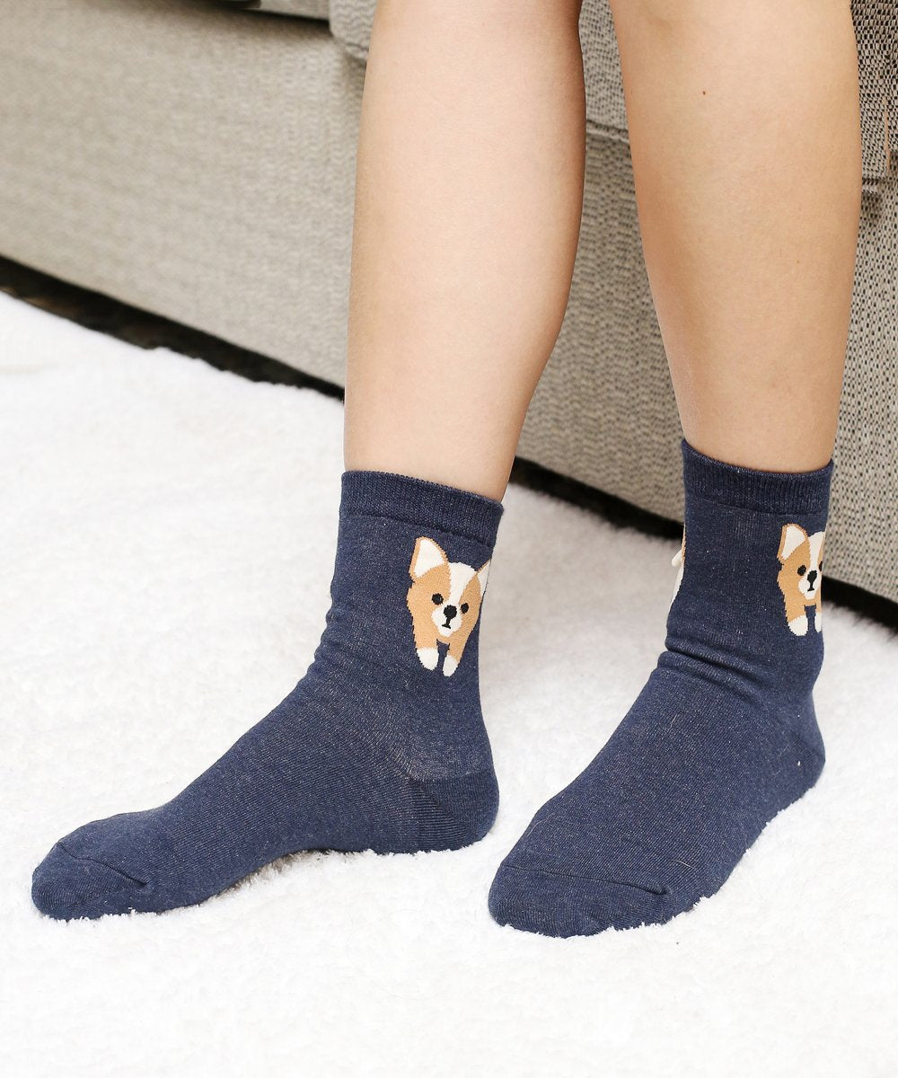 Navy Blue Corgi 3D Butt Socks On Models Feet