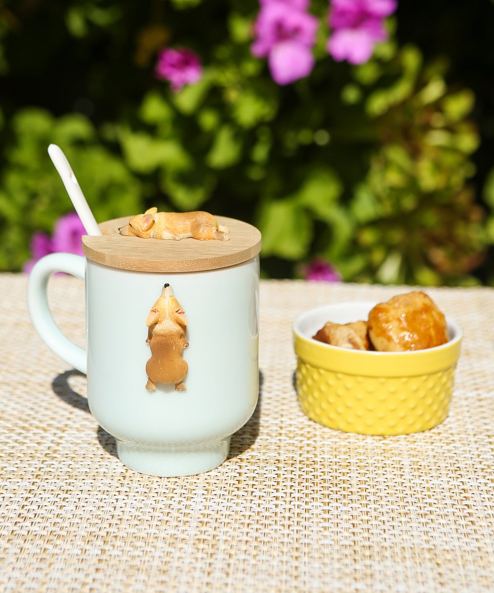 Sleeping Corgi Mug with Wooden Lid and Porcelain Spoon - teal on table