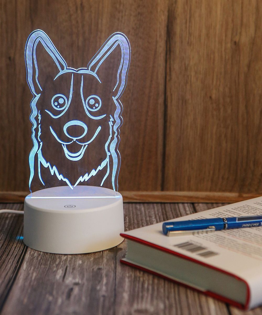 Corgi Acrylic Bed LED Lamp on table next to book