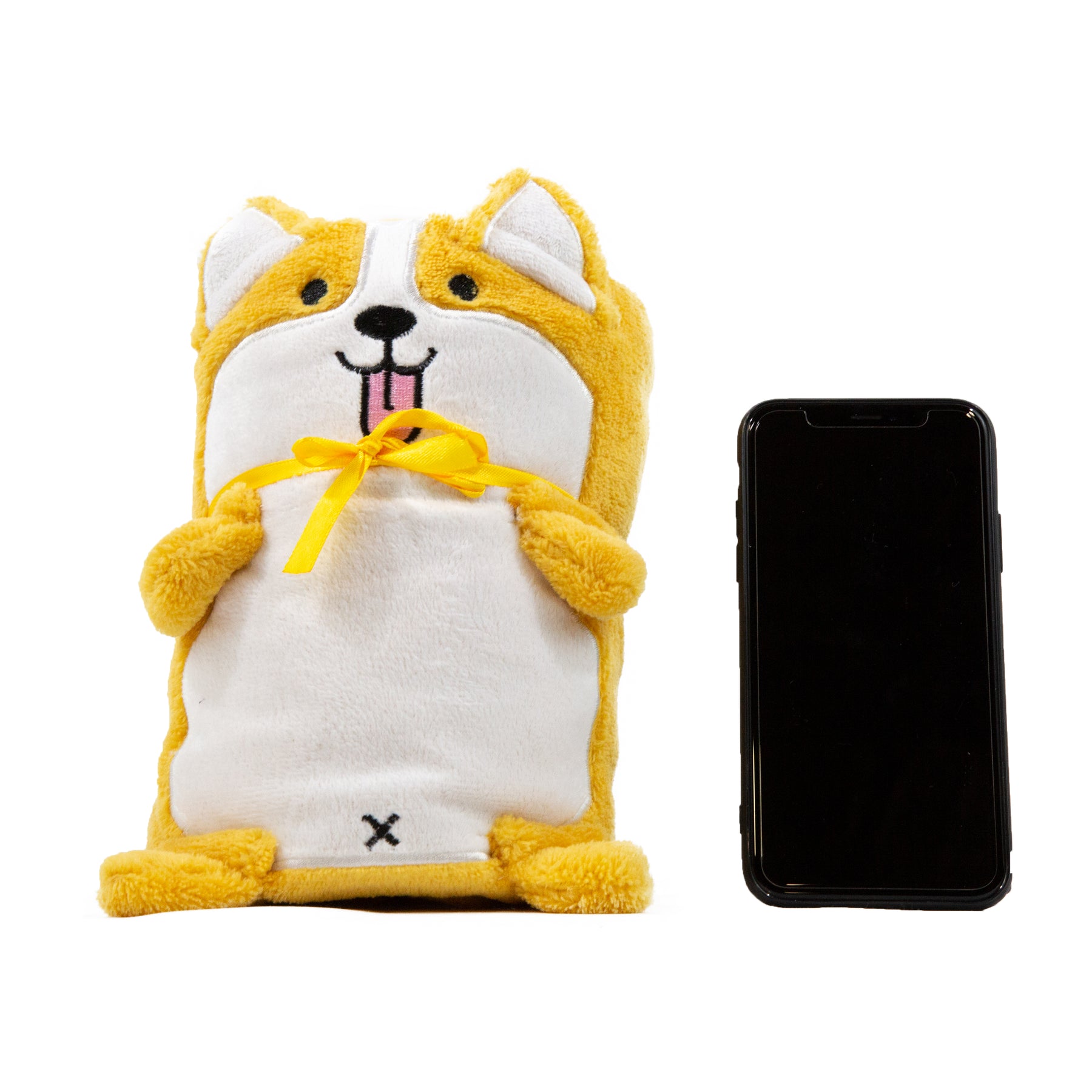 Corgi Plushy Blanket next to cell phone for size comparison