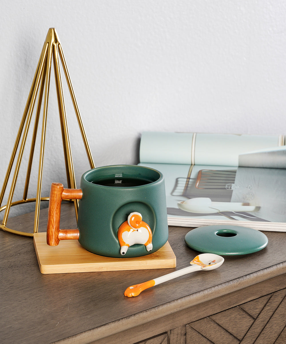 Handmade 3D Shiba Inu Butt Mug with Porcelain Lid & Spoon & Bamboo Coaster 