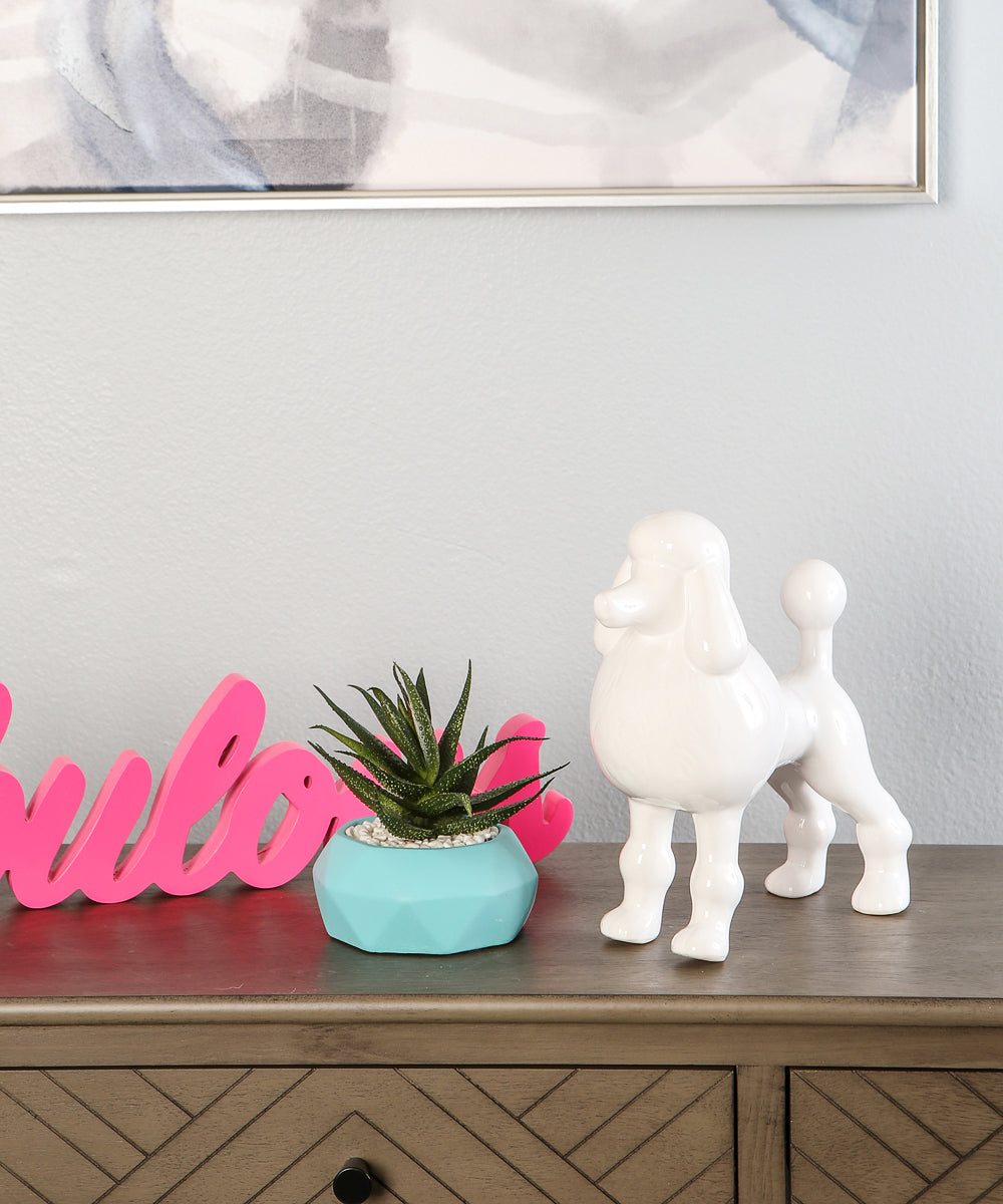 White Standing Poodle Ceramic Pet Statue On Dresser