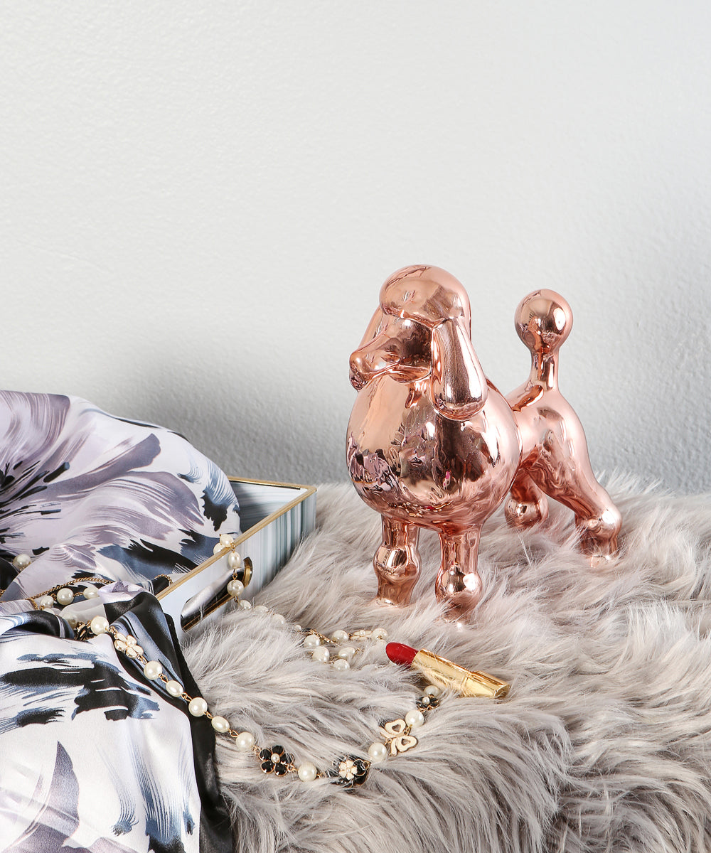 Rose Gold Standing Poodle Ceramic Statue On Soft Rug