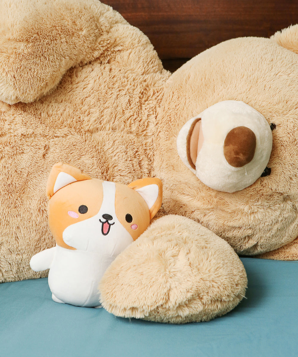 Corgi Plushy Small Size Next To Large Stuffed Bear