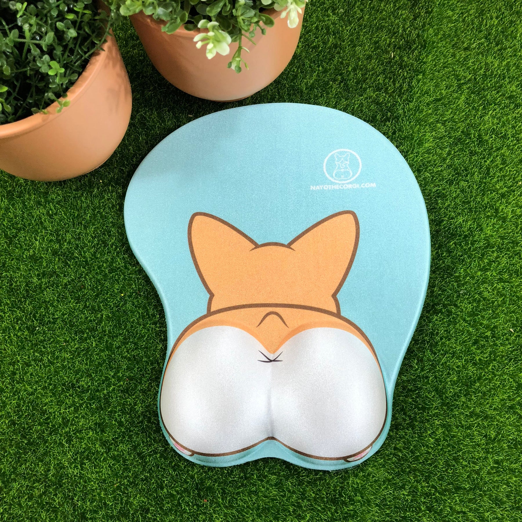 Tan 3D Corgi Butt handrest Mouse Pad With Green Background