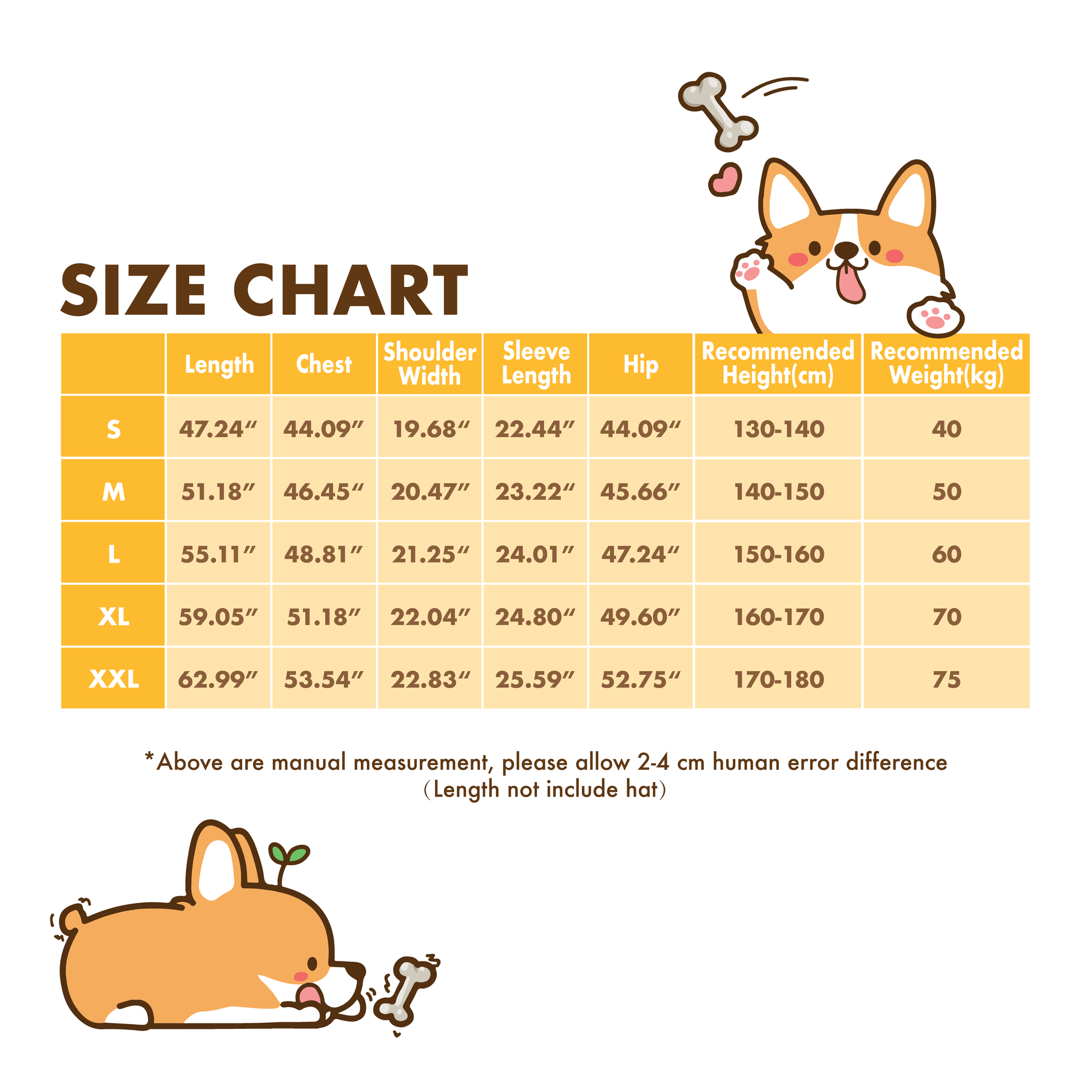 Super Soft Flannel Corgi One Piece Pajama size chart