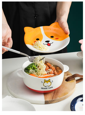 Corgi Print Ceramic Noodle Bowl With Cover