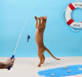 【ZEZE】 Telescopic Fishing Rod Fishing Cat Toy with Catnip, Dark Blue