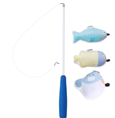 【ZEZE】 Telescopic Fishing Rod Fishing Cat Toy with Catnip, Light Blue
