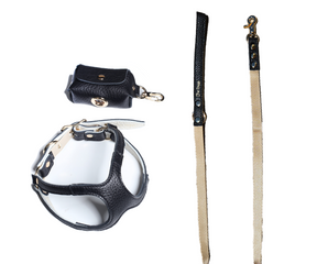 [Fine Doggy] Leather Dog Harness & Leash & Poop Bag Set - Black