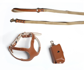 [Fine Doggy] Leather Dog Harness & Leash & Poop Bag Set - Brown