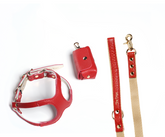 [Fine Doggy] Leather Dog Harness & Leash & Poop Bag Set - Red