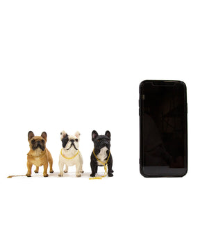 Handmade Custom French Bulldog Statue 1:6 next to phone for size comparison 