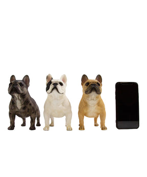 Handmade Custom French Bulldog Statue 1:4 next to phone for size comparison 