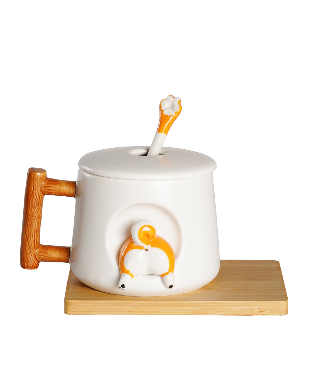 Handmade 3D Shiba Inu Butt Mug with Porcelain Lid & Spoon & Bamboo Coaster