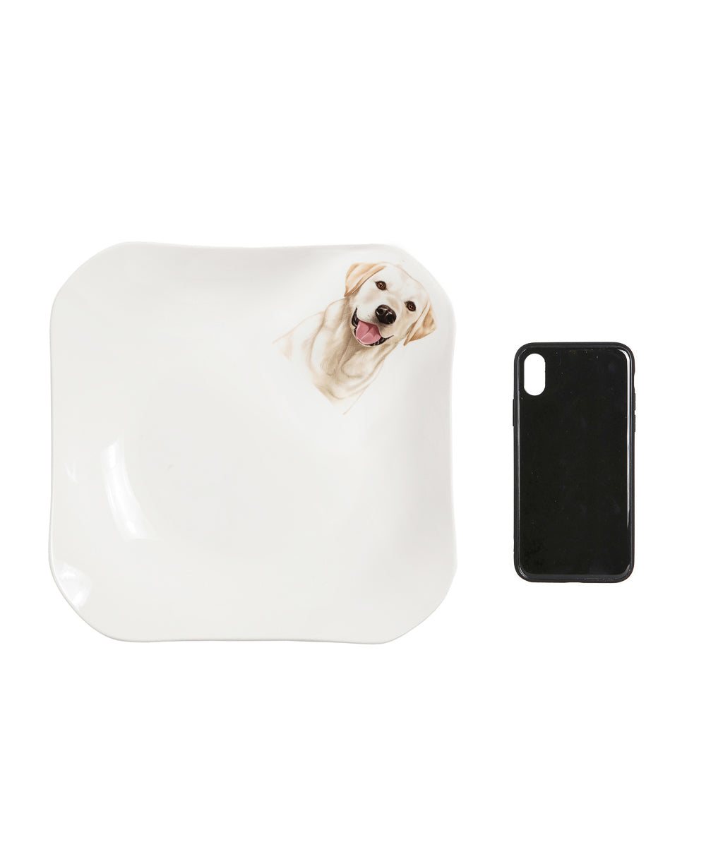 Labrador square plate with cell phone for size comparison