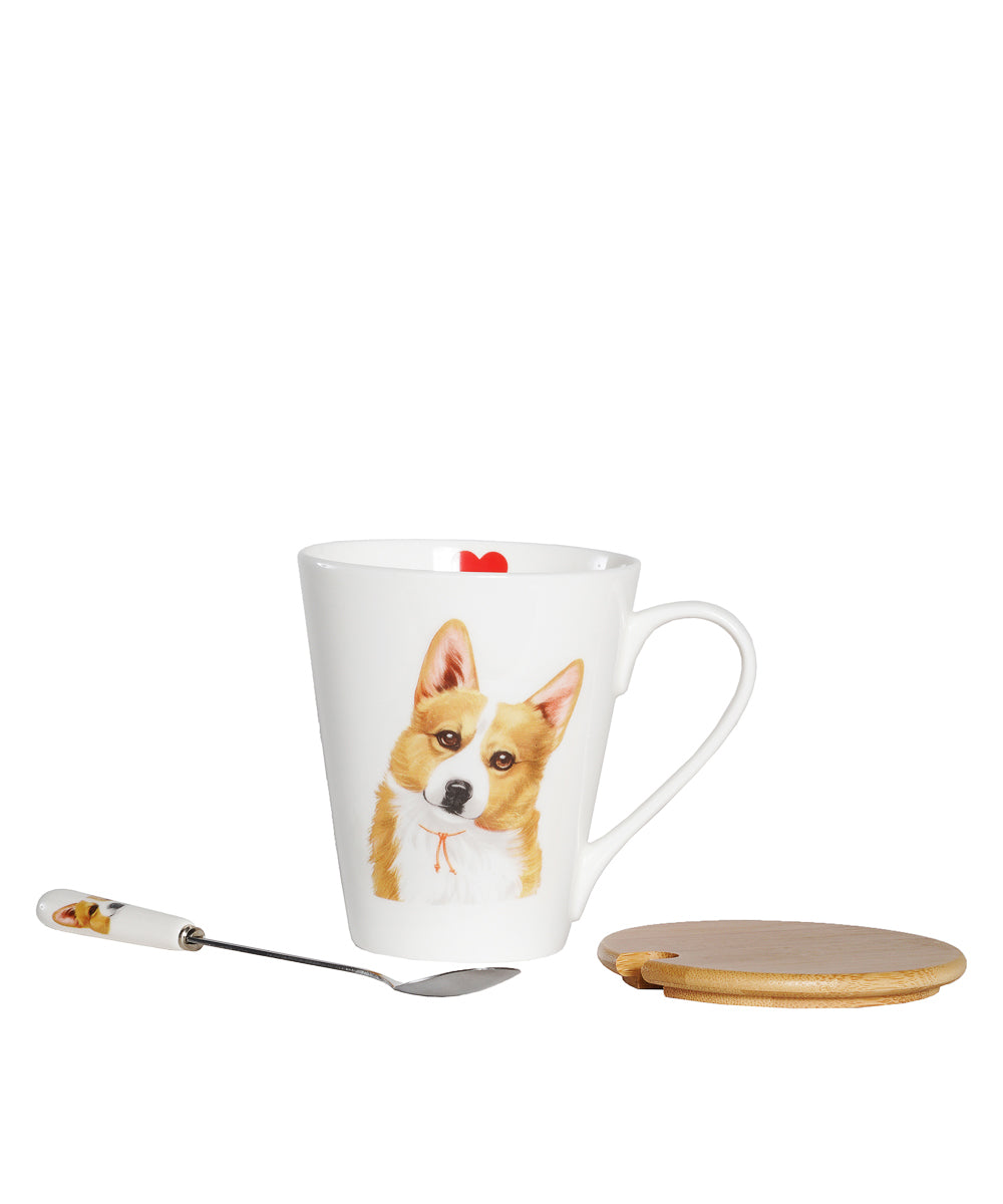 Pet Portrait Porcelain Water Cup with Lid & Spoon - Corgi