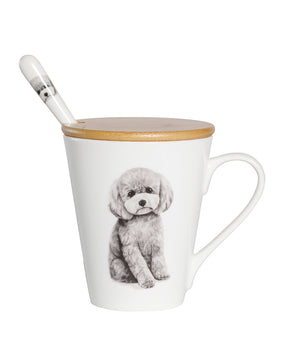 Pet Portrait Porcelain Water Cup with Lid & Spoon - Poodle(Grey)