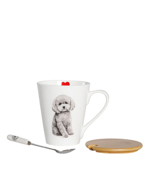 Pet Portrait Porcelain Water Cup with Lid & Spoon - Poodle(Grey)