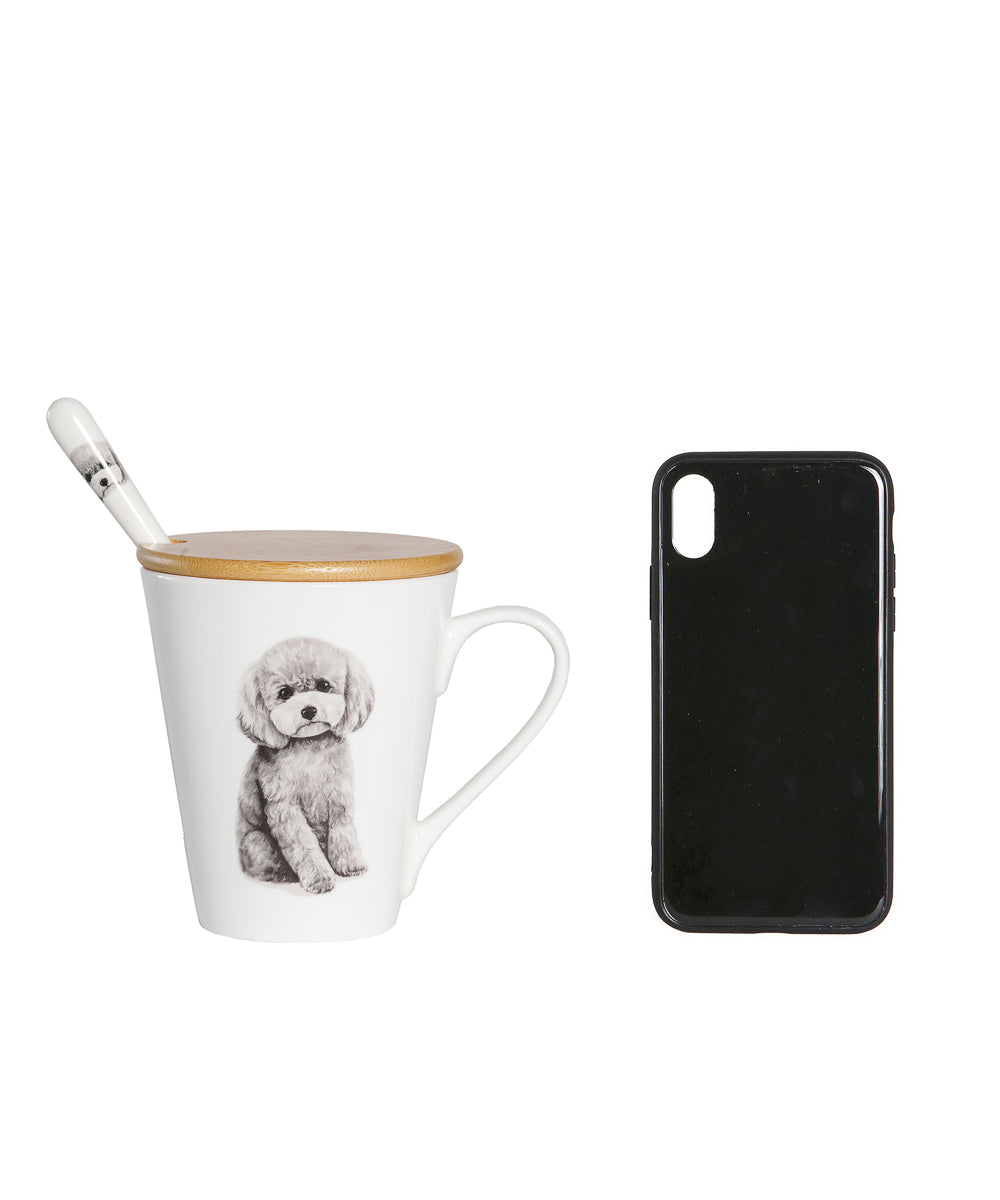 Pet Portrait Porcelain Water Cup with Lid & Spoon - Poodle(Grey)