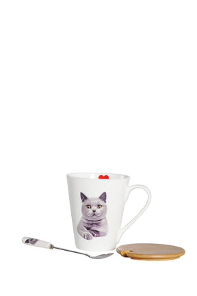 Pet Portrait Porcelain Water Cup with Lid & Spoon - Chartreux