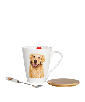 Pet Portrait Porcelain Water Cup with Lid & Spoon - Golden Retriever