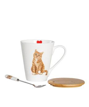 Pet Portrait Porcelain Water Cup with Lid & Spoon - Orange Tabby