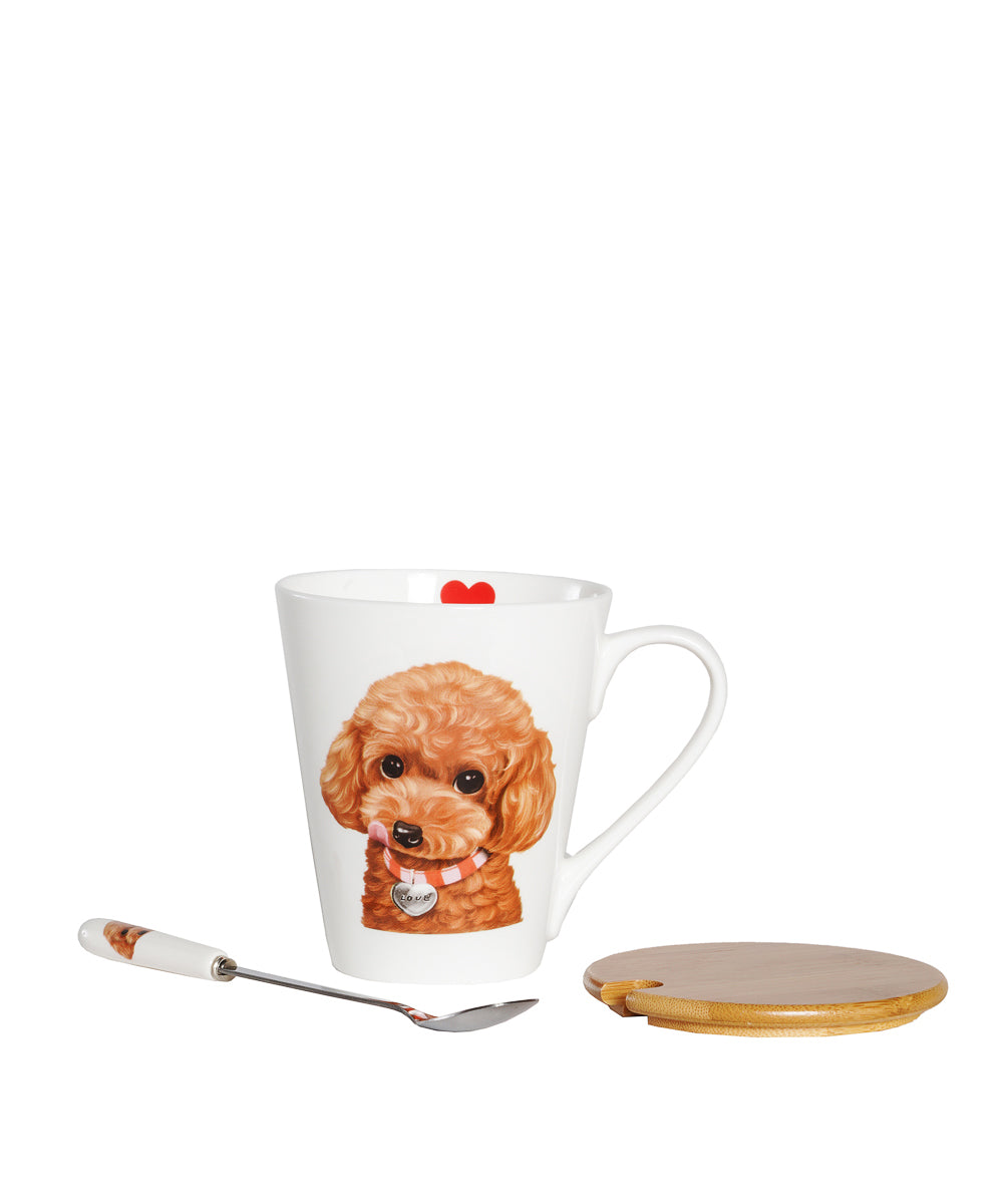 Pet Portrait Porcelain Water Cup with Lid & Spoon - Poodle(Red)