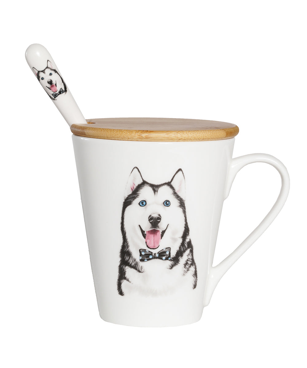 Pet Portrait Porcelain Water Cup with Lid & Spoon - Husky