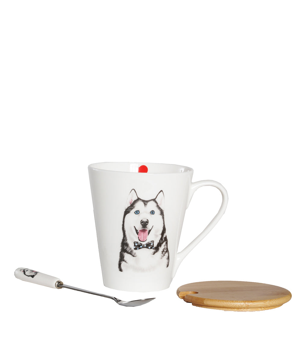 Pet Portrait Porcelain Water Cup with Lid & Spoon - Husky