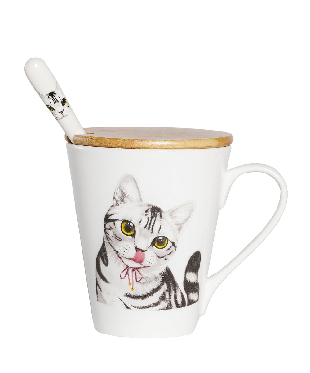 Pet Portrait Porcelain Water Cup with Lid & Spoon - American Shorthair