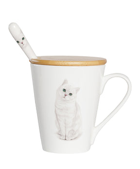 Pet Portrait Porcelain Water Cup with Lid & Spoon - British Shorthair(Silver)