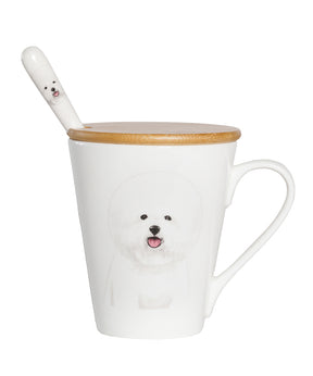 Pet Portrait Porcelain Water Cup with Lid & Spoon - Bichon