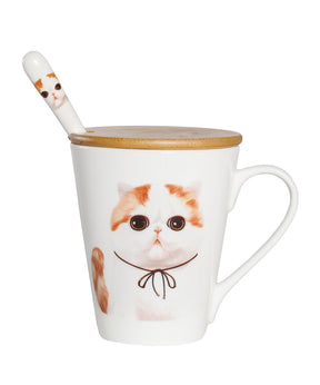 Pet Portrait Porcelain Water Cup with Lid & Spoon - Exotic Shorthair