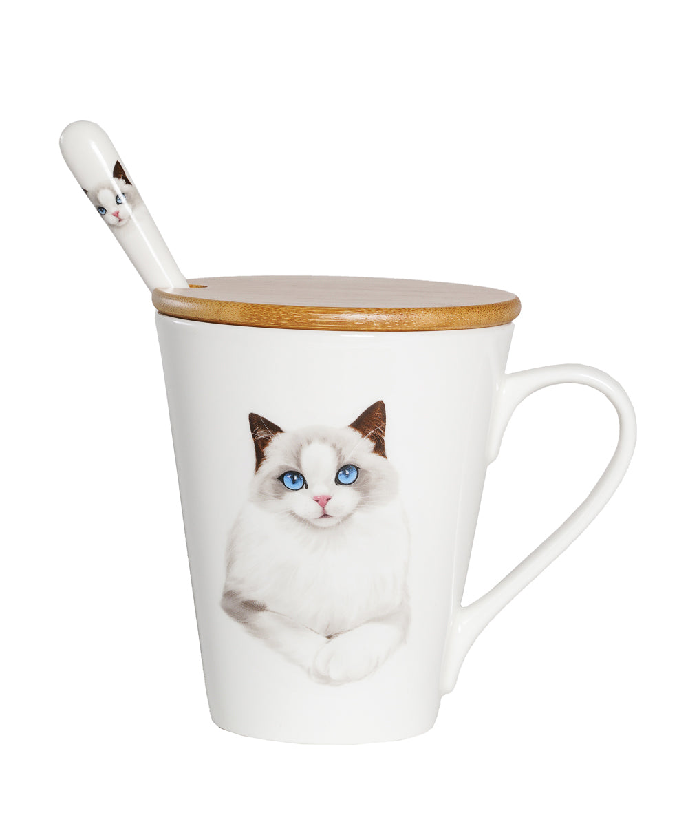 Pet Portrait Porcelain Water Cup with Lid & Spoon - Ragdoll