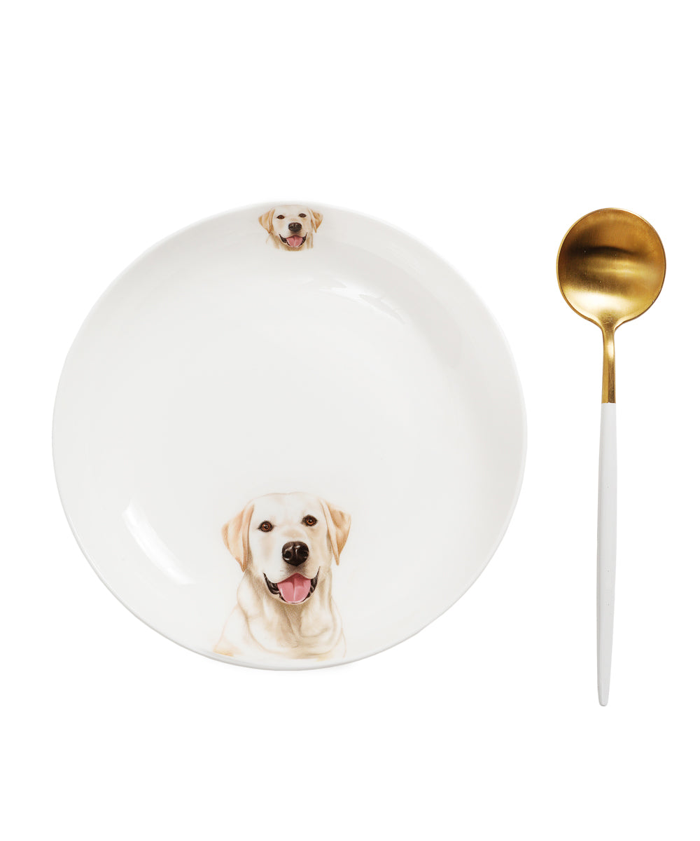 Labrador 8 inch plate side print with golden spoon