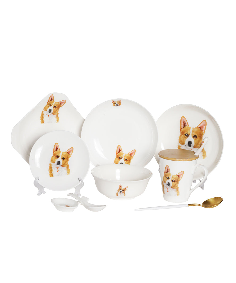 Pet Portrait Porcelain Dinnerware 11-Piece Set - Corgi