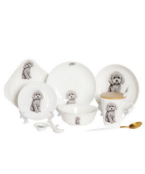 Poodle Grey Pet Portrait Porcelain Dinnerware 11-Piece Set