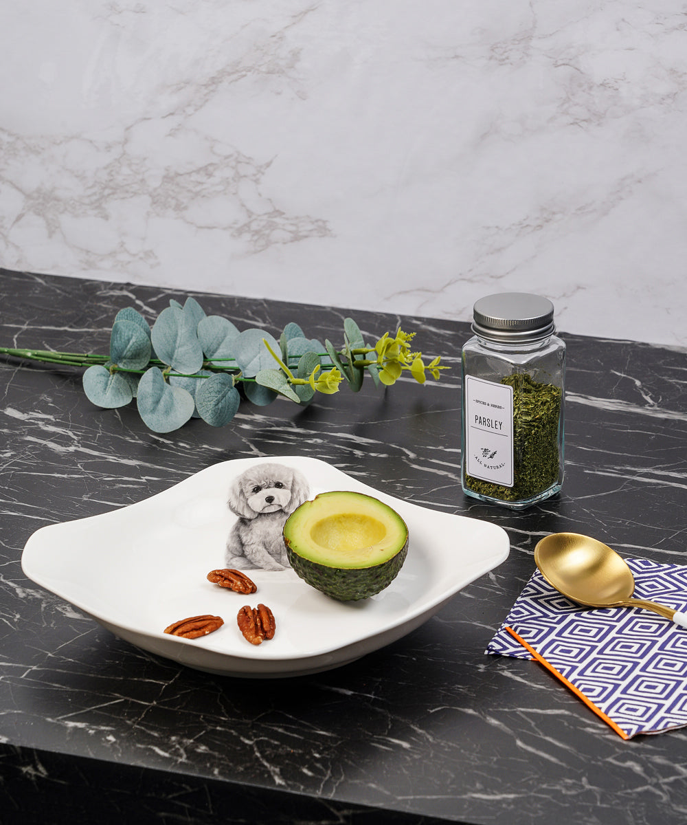 Poodle(Grey) Square Plate On Kitchen Counter With Food