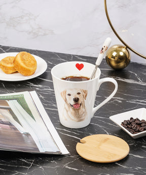 Pet Portrait Porcelain Water Cup with Lid & Spoon - Labrador on table