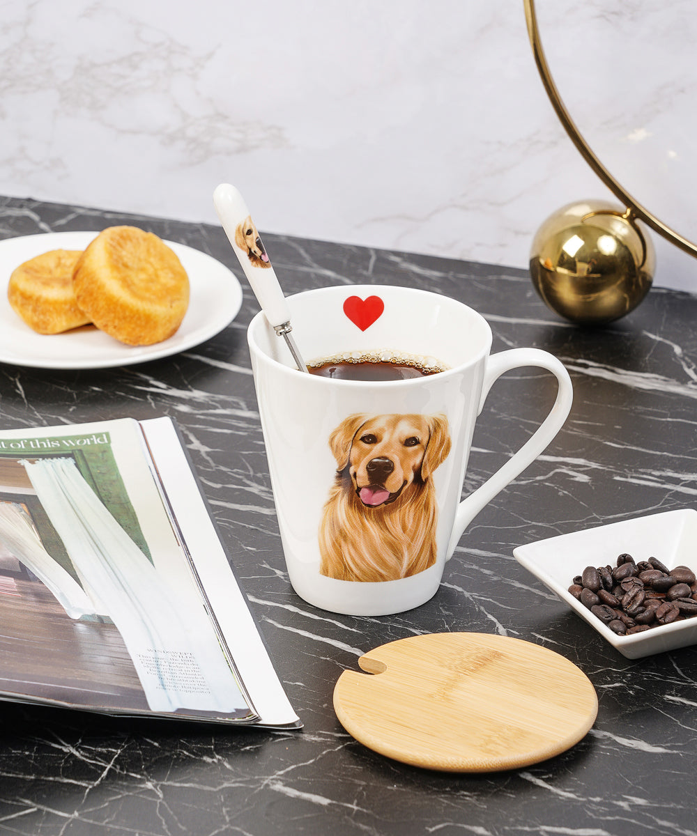 Pet Portrait Porcelain Water Cup with Lid & Spoon - Golden Retriever on table